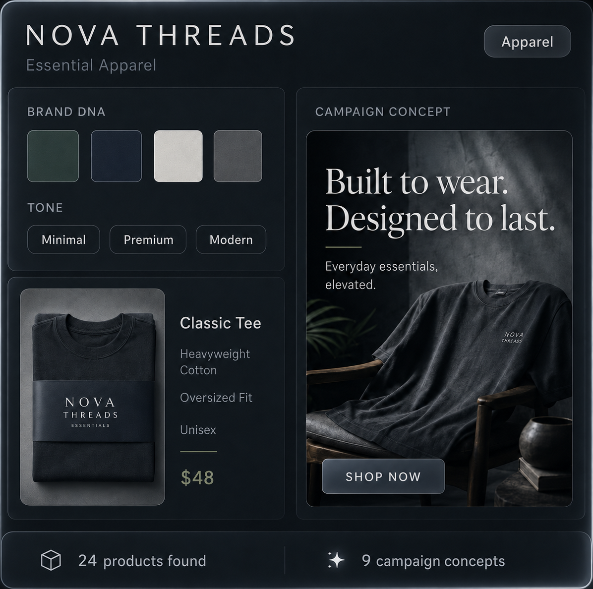 Nova Threads apparel sample studio card