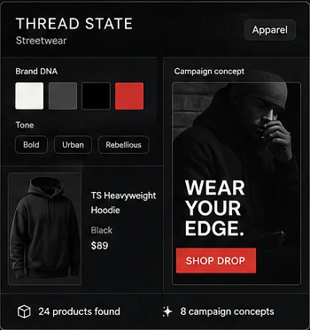 Thread State apparel sample studio card